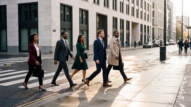 Professional group of business people walking purposefully through the modern city street