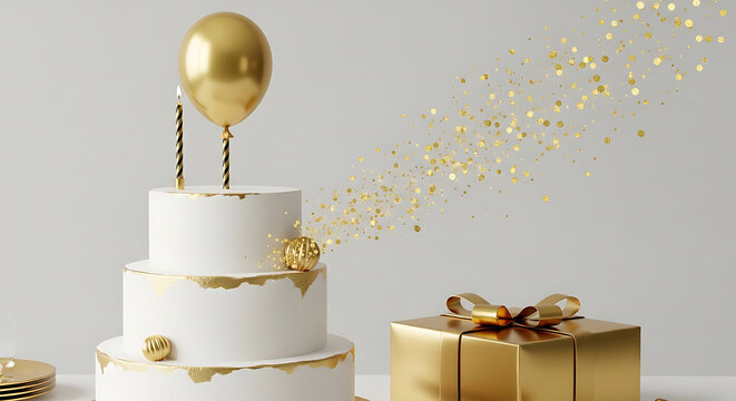 Elegant wedding cake with gold confetti and gift box