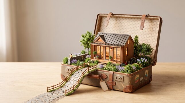 Modern miniature wooden cabin with landscaped garden inside a vintage suitcase, conceptual tiny home scene representing compact sustainable housing, green living, nature and peaceful lifestyle