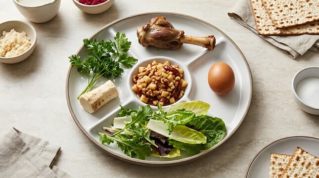 Traditional passover seder plate with symbolic food items on a table. Seder plate recipes