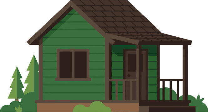 Flat vector illustration of a green wooden cabin in the woods