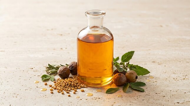 Glass bottle of golden argan oil with organic nuts and green leaves. thickening hair oil