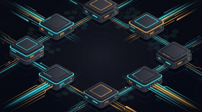 Futuristic Dark Edge Computing Background with Glowing Neon Server Nodes and Copy Space
