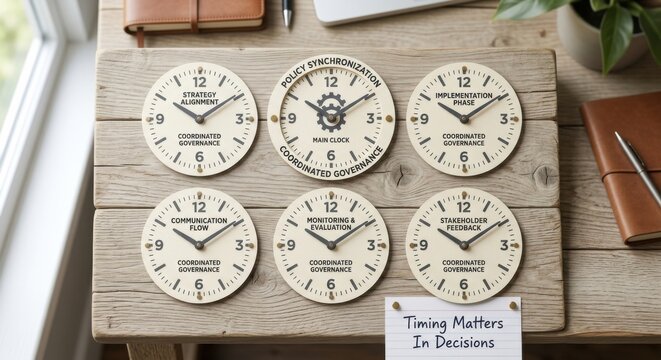 Coordinated Governance Policy Synchronization Clocks Arranged on Wooden Desk