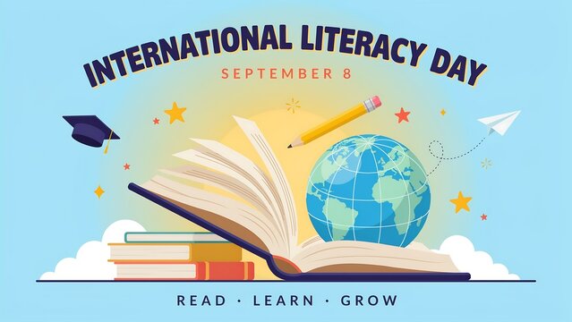 International literacy day illustration with globe and graduation cap