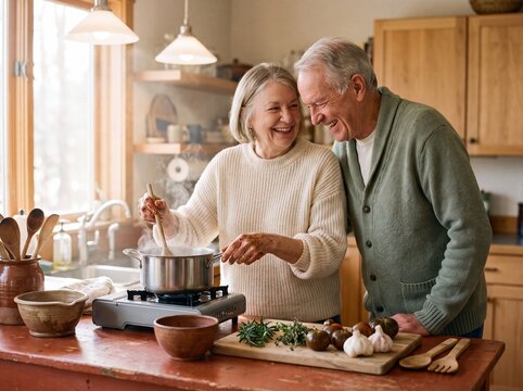 Senior couple sharing a loving moment while cooking in a rustic kitchen.