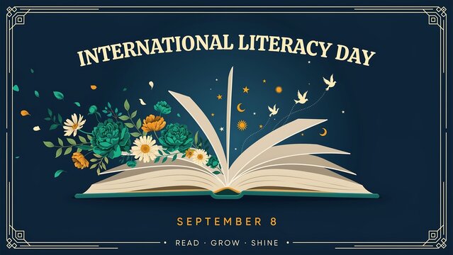 Open book with flowers and birds for literacy day