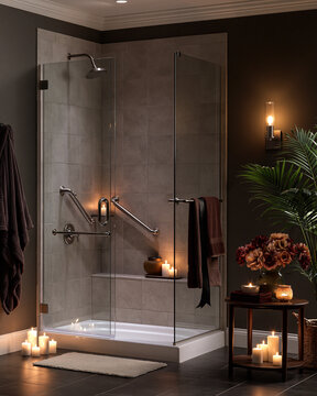 Elegant walk in shower with grab bars and black ribbon showcasing Black Friday aging in place and senior bathroom safety