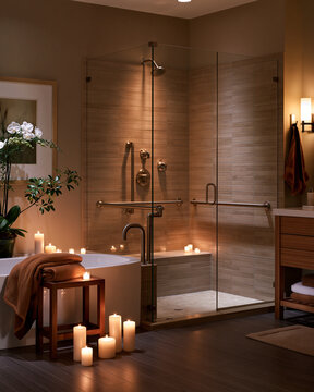 Elegant walk in shower with grab bars and black ribbon showcasing Black Friday aging in place and senior bathroom safety