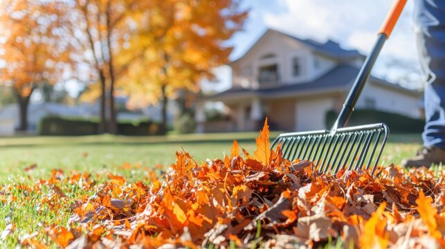 Raking autumn leaves on green grass in suburban yard