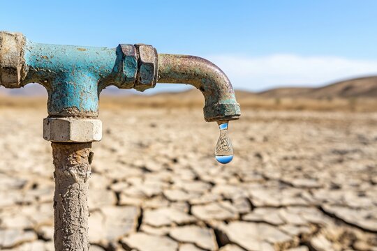 Rusty water pipe with single drop over cracked dry earth desert