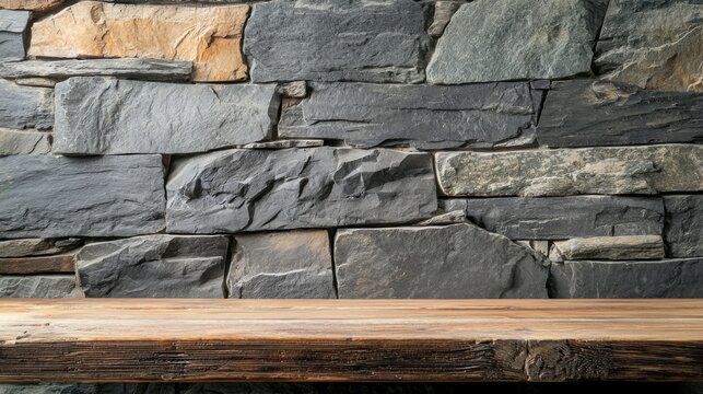 Rustic stone wall texture with wooden surface foreground scene