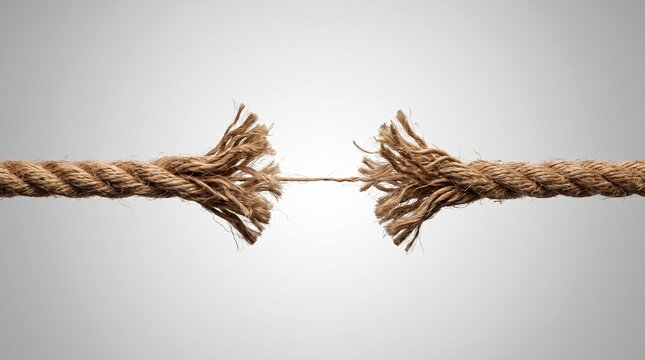 Frayed hemp rope about to snap representing fragility and impending failure under high tension pressure