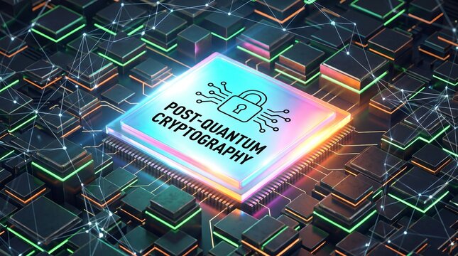 Post quantum cryptography cybersecurity concept with background with circuit board background, tech microchip