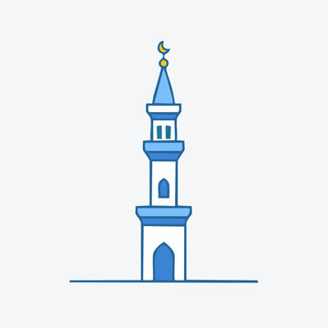 A minimalist blue and white vector illustration depicts a mosque minaret with a crescent.