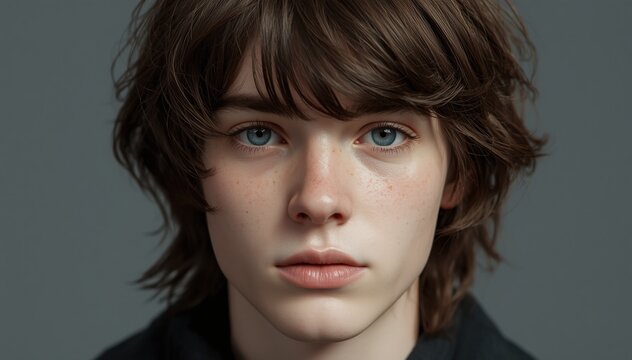 A close-up portrait of a young person with blue eyes, freckles, and tousled brown hair against a neutral grey background.