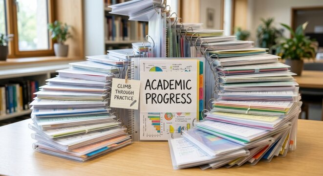Academic Progress Notebooks Stacked with Study Materials in Library Setting