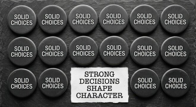 Arrangement of Slate Discs with 'Solid Choices' and 'Strong Decisions Shape Character' Message