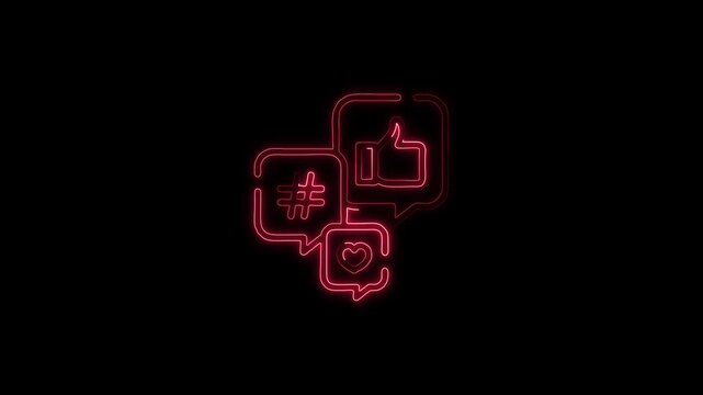 glowing neon social media icon animation like ,heart ,hashtag, community on black background .4k motion video animation .