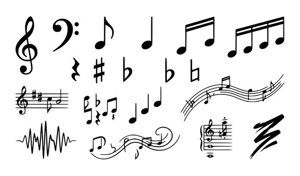 Hand Drawn Music Note and Clef Icon Set with Sound Waves and Staff Lines for Musical Composition and Creative Audio Graphics