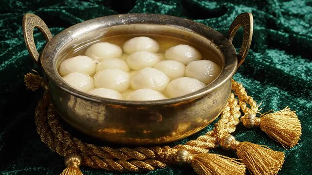 Traditional Rasgulla in vintage metallic bowl on green velvet fabric with golden tassels for Mawlid celebration, festive dessert arrangement for religious holiday dining