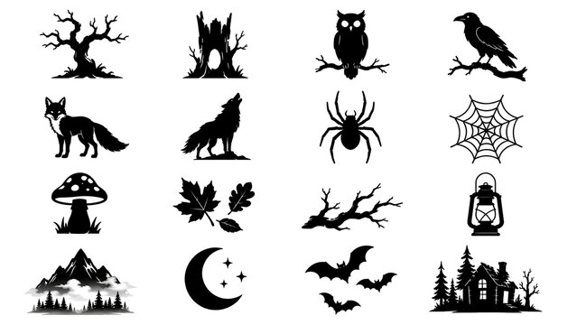 Forest wilderness nature elements black silhouettes for outdoor landscape art