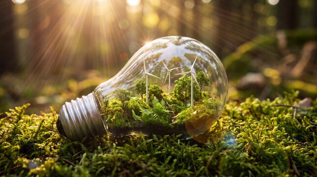 3D illustration of a light bulb resting on moss in a forest containing a miniature green ecosystem with trees and wind turbines