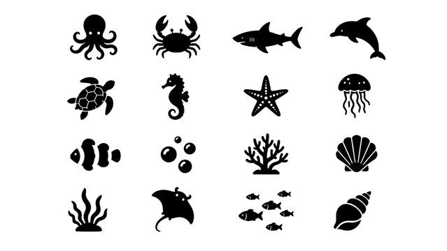 Marine life silhouette icons collection with sea creatures and ocean elements