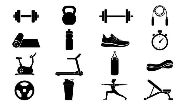 Fitness and gym workout icons black silhouettes for exercise and athletics