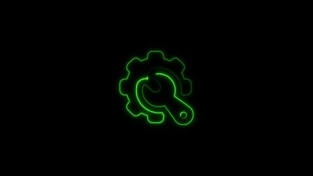 green  neon line settings icon animation. with gear and wrench on black background for web applications and technical concepts. animation.
