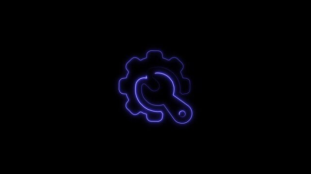 blue neon line settings icon animation. with gear and wrench on black background for web applications and technical concepts. animation.
