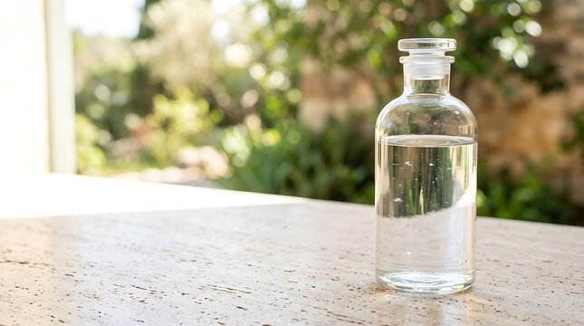 Clear Glass Apothecary Bottle Filled with Pure Liquid on Stone Table Outdoor
