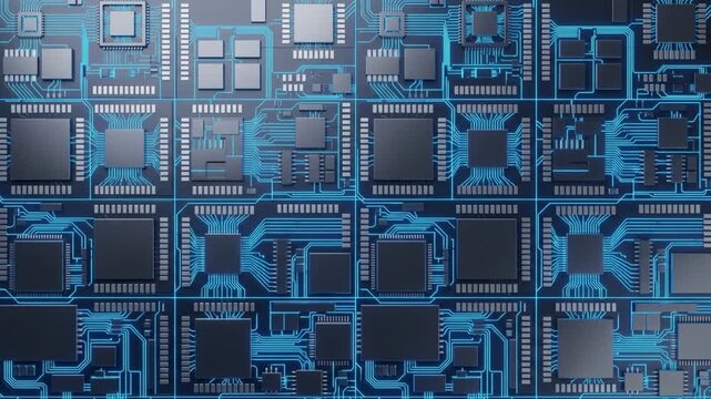 カーボン調のパネルがネオンブルーに輝くAIマイクロチップが現れる、俯瞰視点の抽象CG背景