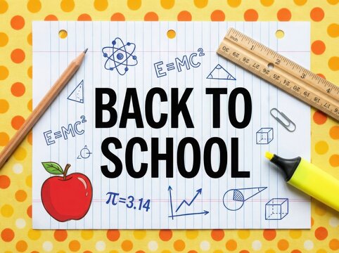 Back to school flat lay with science doodles pencils and yellow polka dot background