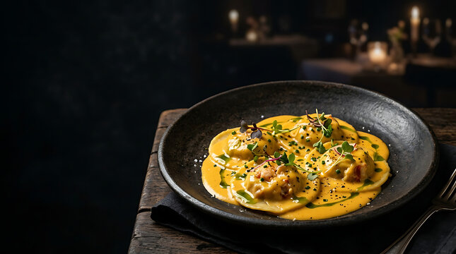 Lobster Ravioli in Bisque Sauce on Black Plate for Fine Dining