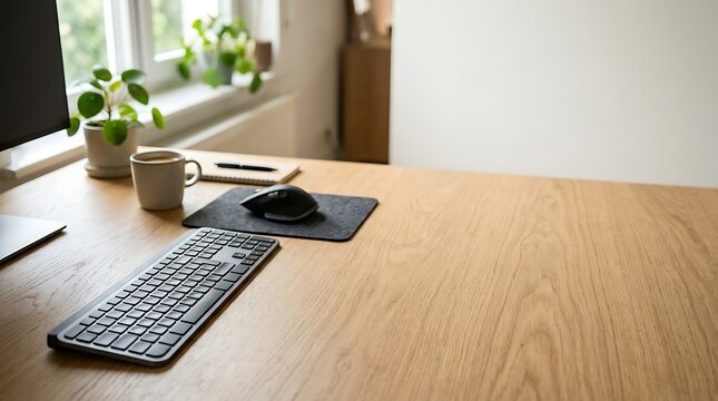 Modern Wooden Desk Workspace with Wireless Keyboard Mouse and Coffee Cup by Window