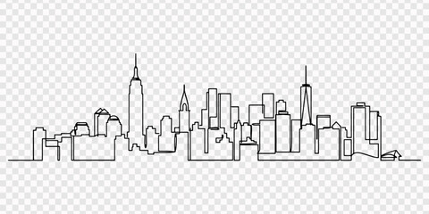 Naklejka premium Continuous single line drawing of new york city skyline with famous skyscrapers and urban buildings in a minimalist artistic style