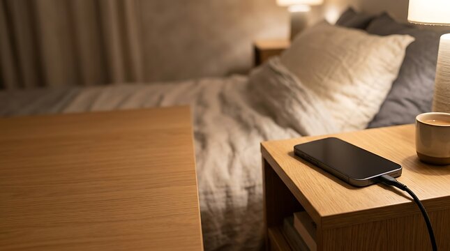 Quiet bedroom scene showing a mobile phone recharging on a contemporary bedside table in the evening