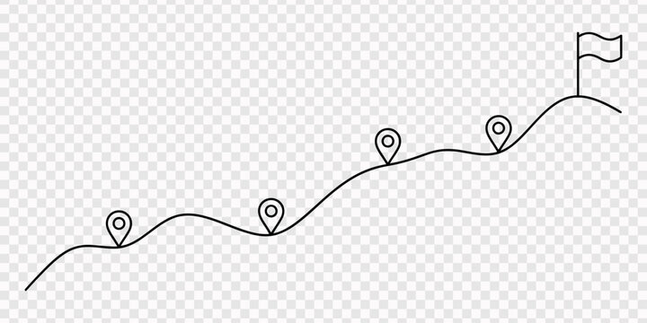 A simple line drawing showing a path going up a hill with multiple location pins and a flag at the top representing success