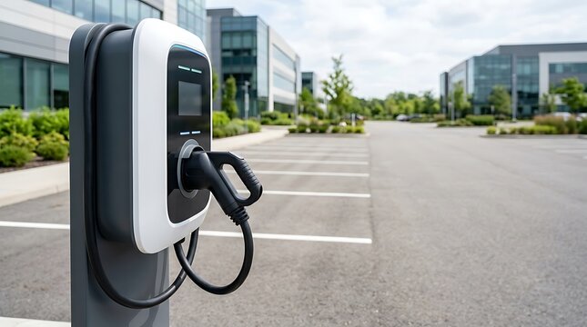 Modern electric vehicle charging station at office parking lot with green technology infrastructure