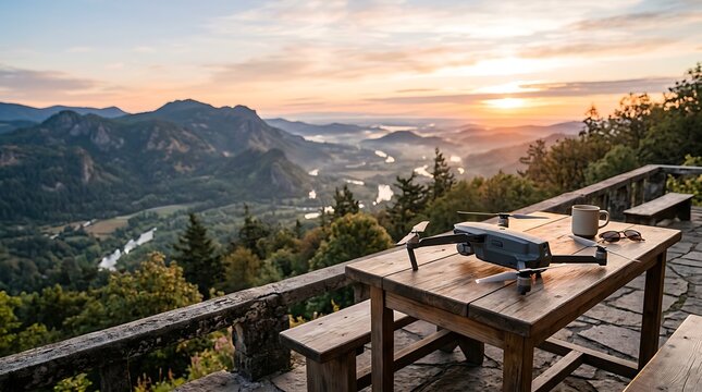 Scenic Mountain View from a Wooden Patio Terrace at Sunrise with a Drone Resting on the Table
