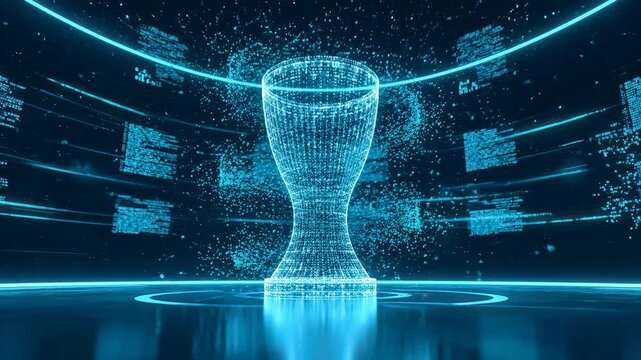 Pulsating digital trophy constructed from glowing data particles and code segments, rotating in a futuristic dark room with glowing blue lines and abstract screens, symbolizing achievement, victory