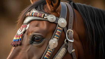 Naklejka premium Close-up of brown horse wearing decorative bridle with intricate red and white stitching details