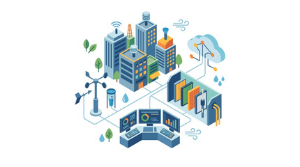 Obraz premium Isometric Smart City Skyline with Weather Station, Cloud Data Servers and Control Room