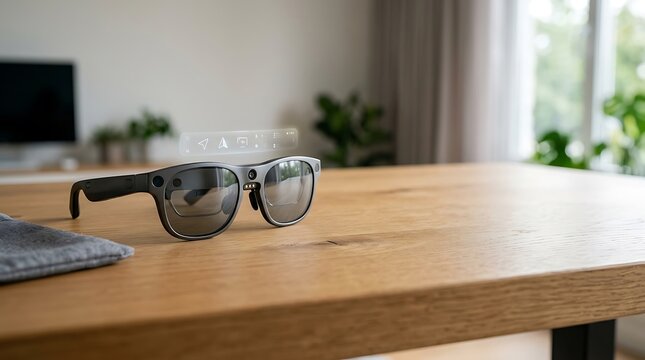 Sleek Black Smart Glasses with Integrated Cameras Resting on a Warm Wooden Desk, Symbolizing Future Tech Innovation