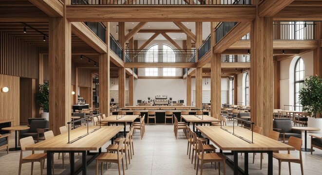 Modern Coffee Shop Interior with Wooden Timber Frame Construction and Shared Study Tables