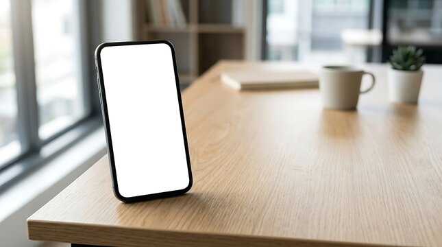Mockup of a smartphone with a blank white screen on a wooden desk next to a plant and mug