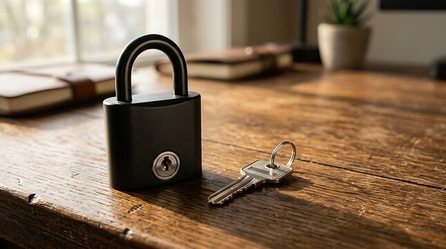 Heavy black metal padlock and silver key resting on a rustic wooden desk in a home office