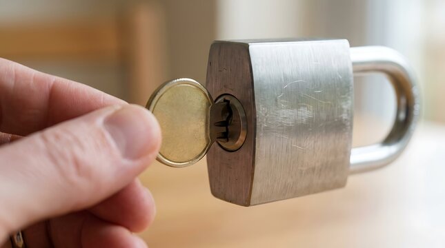 Close up of a human hand inserting a metal key into a silver padlock for security and safety