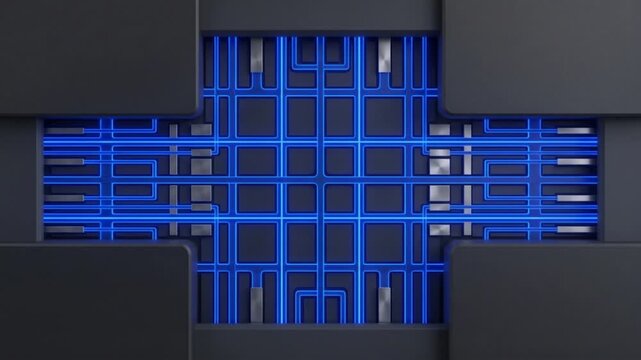 4分割のシリコンパネルが開きウルトラマリンブルーに輝く量子暗号コアが現れる、俯瞰視点の抽象CG背景